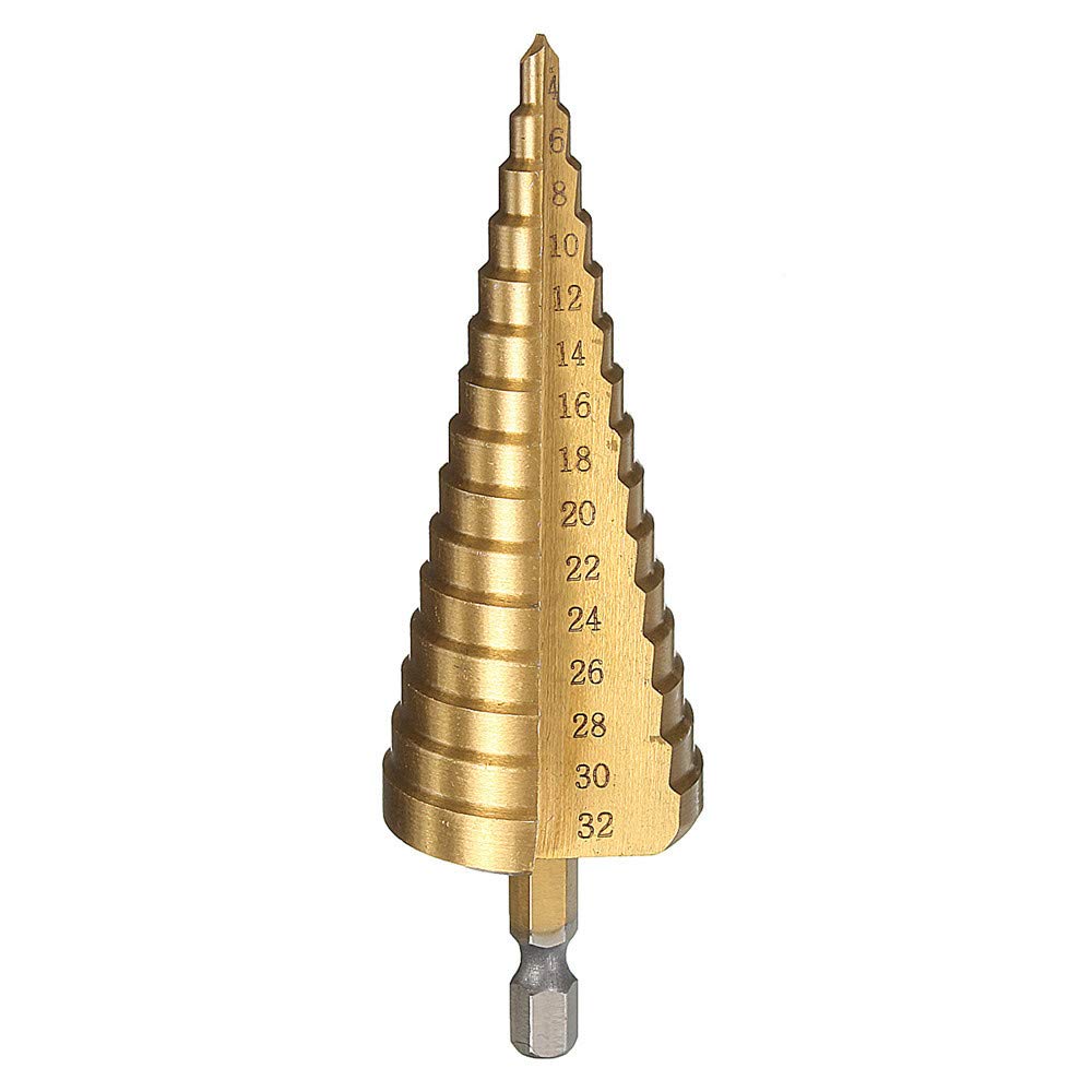 Juego de 4 brocas de vástago hexagonal HSS con revestimiento de titanio de 1/4 pulgadas, 3-12/4-12/4-20/4-32 mm