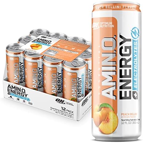 Optimum Nutrition Amino Energy Drink + Electrolytes for Hydration - Sugar Free, Amino Acids, BCAA, Keto Friendly, Sparkling Drink - Peach Bellini, Pack of 12 (Packaging May Vary)
