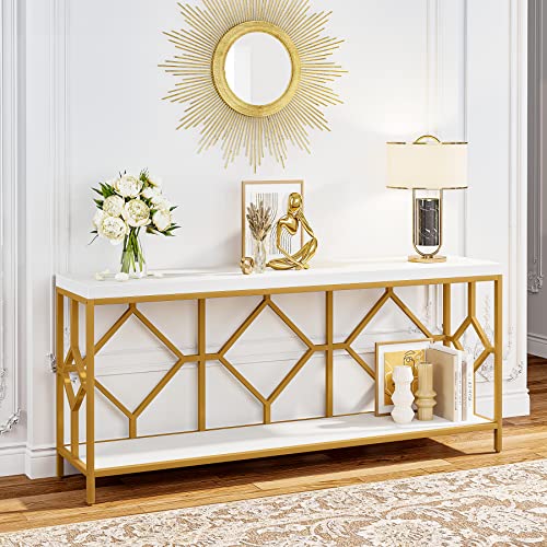 LITTLE TREE 70.9 Inch Extra Long Sofa Table, Industrial Narrow Long Sofa Tables Entry Table Behind Couch Table with Open Storage Shelf, White Gold by LITTLE TREE - Image 4