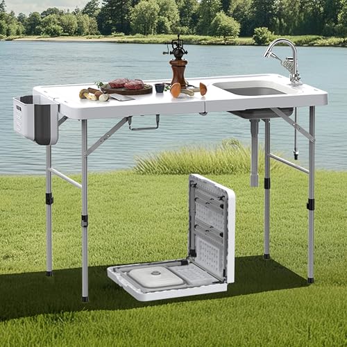 Folding Fish Cleaning Table,Folding Camping Kitchen Table with Sink & Sprayer,Collapsible wash Basin,Outdoor Sink Station with Hose, Camping Sink
