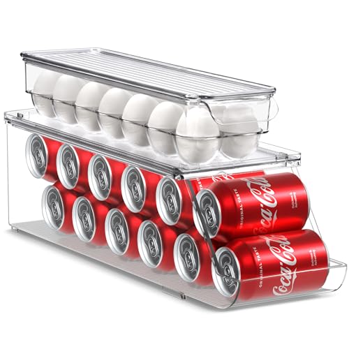Sorbus Soda Can Organizer for Refrigerator & Egg Holder for Fridge Set, 1 Stackable Can Holder Dispenser Holds 12 Cans Each & 1 Egg Holders with Lid holds 14 eggs for Fridge, Pantry, Freezer, BPA-Free