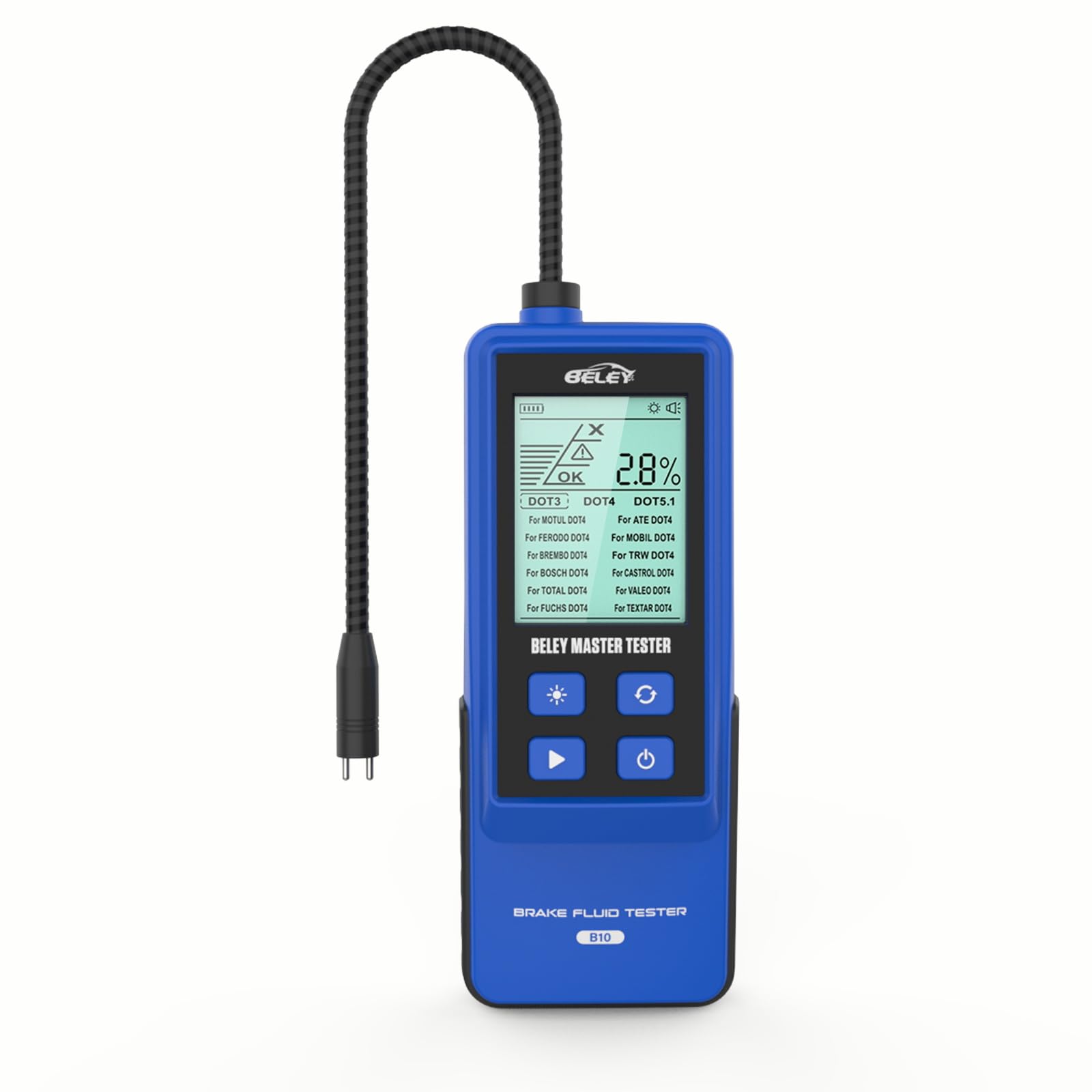 BELEY Tester del Liquido dei Freni per Auto, con Schermo LCD Retroilluminato e Analizzatore di umidità dell'olio con Sonda ad Alta Precisione per Rilevatore Liquido dei Freni DOT3 DOT4 DOT5.1 (Blu)