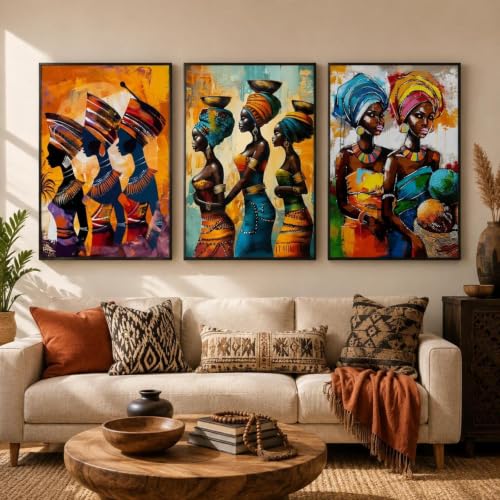Lienzo abstracto de mujer africana en tríptico de 40x60cm para una decoración distinguida