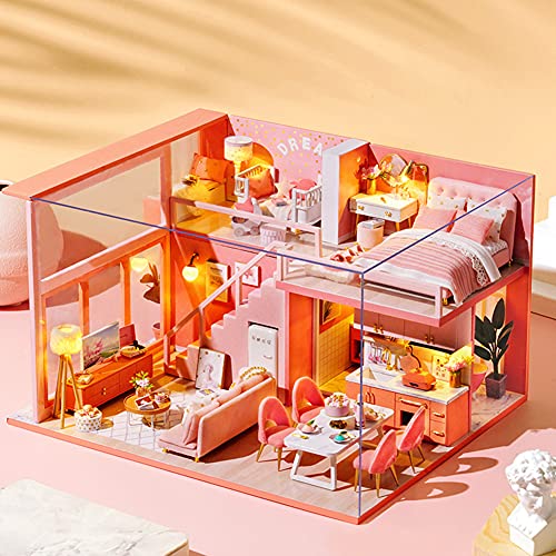 Ltervoercaern Puppenhaus Miniatur mit Möbeln, DIY Hut Miniaturen Puppenhaus Handgefertigtes zusammengebautes Modell (L… – Bild 7