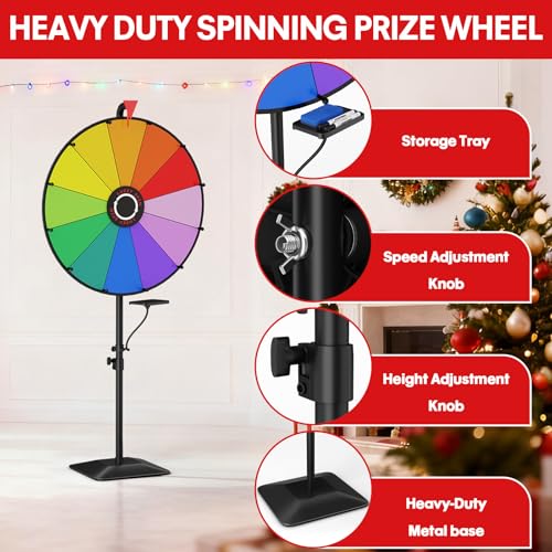 24 Inch Prize Wheel, Heavy Duty Spinning Wheel for Prizes, Adjustable 47\"-61\" Spin Wheel with Dry Erase Marker & Eraser, 12 Slots Colors Wheel Spinner with Stand for Party, Carnivals and Tradeshow