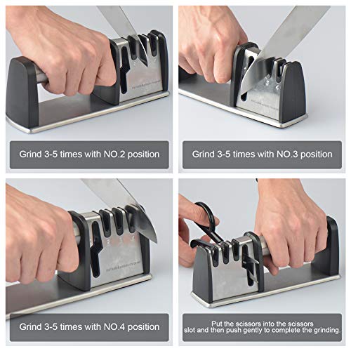 4 in 1 Kitchen Manual Knife Sharpener, 4 Stage Knife Scissors Sharpener, Chef Choice Knife Sharpeners Accessories, Fast Sharpening Kit for Knives & Scissors with Diamond Emery, Ceramic, Tungsten Steel