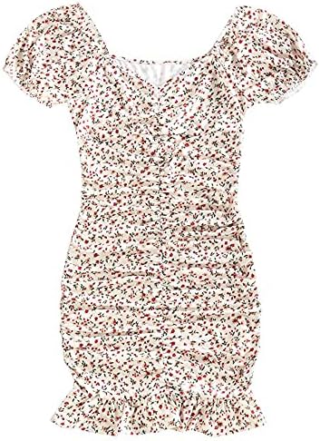 ZAFUL Ditsy Print Puff Sleeve Ruched Mini Mermaid Dress Daisy Floral Tie Slit Off Shoulder Frilled Dress