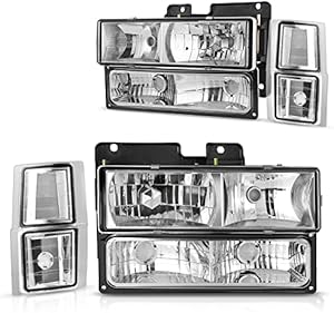 DWVO Headlight Assembly Compatible with Chevy C/K Series 1500 2500 3500/Tahoe/Suburban/Silverado 1994-1999 Crystal Headlamp w/Corner & Bumper Light (Chrome)