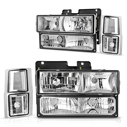 DWVO Headlight Assembly Compatible with Chevy C/K Series 1500 2500 3500/Tahoe/Suburban/Silverado 1994-1999 Crystal Headlamp w/Corner & Bumper Light (Chrome)