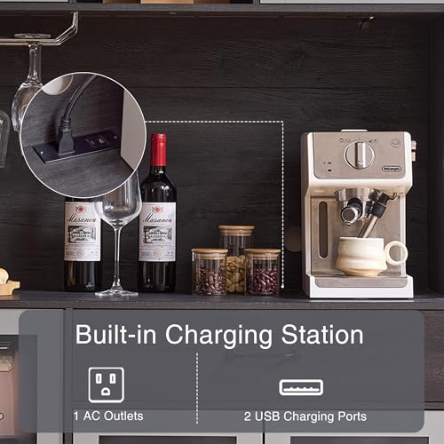 Image of Fatmok 71 inch Pantry Cabinet with Wine Rack and Charging Station, Set of 2 Tall Coffee Bar Cabinets with LED Lights, Drawer, Adjustable Shelves, Kitchen Hutch Storage, Grey