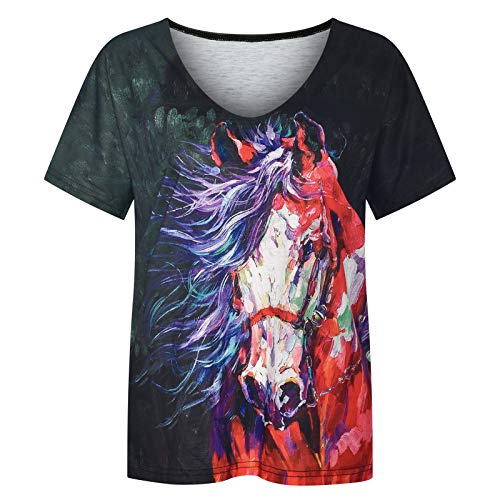 3D Horse Shirts For Women Summer Funny Horse Graphic Printed Casual Tops Short Sleeve Tee Tops Cute Crewneck Life Gift Shirt Black #TOP3