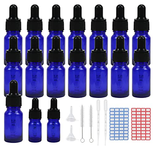 Reyshin 10ml Glass Dropper Bottles, 15 Pack Blue Glass Bottle with Dropper Pipettes Refillable Sample Dropper Bottle for Essential Oil Massage Aromatherapy Eye Drops (10ml blue) (RS-0017)