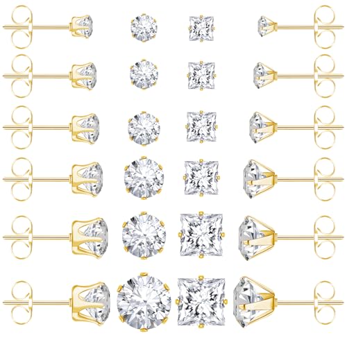 ONESING 12 Pairs Gold Stud Earrings for Men, Round and Square Mens Earrings Stud Stainless Steel Mens Gold Earrings for Multiple Piercings 3-8mm by ONESING - Used condition - US$8.64