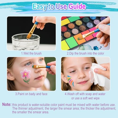 42 Color Face Painting Kit – Water Activated Facepaint Makeup Set Professional, Non-Toxic Face Paint with Stencils, Gems, Brushes– for Halloween, Carnival, Costume, Party & Festivals — view 5