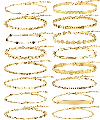 CASDAN 16Pcs Gold Bracelet Sets for Women 14K Gold Plated Adjustable Stackable Cuban Link Paperclip Chain Bracelet Dainty Gold Layered Bracelet Fashion Jewelry
