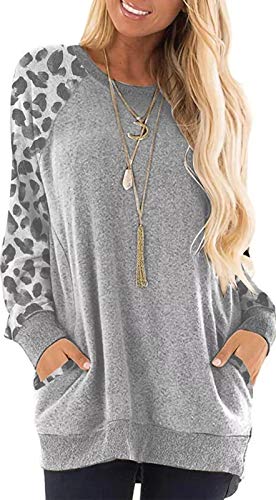 Aixy Women Leopard Tops with Pockets Stylish Long Sleeve Crewneck Tshirts Tunics Sweatshirts