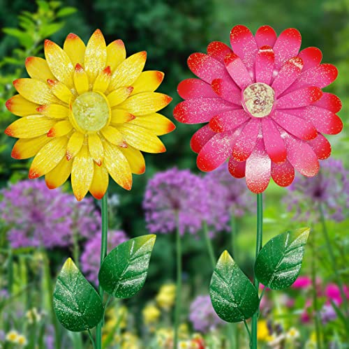 Juegoal 25 Inch Flower Garden Stakes Decor, Shaking Head Metal Outdoor Sunflowers Daisy Glow In Dark Metal Yard Art, Indoor Outdoor Lawn Pathway Patio Ornaments,Set Of 2 #TOP6