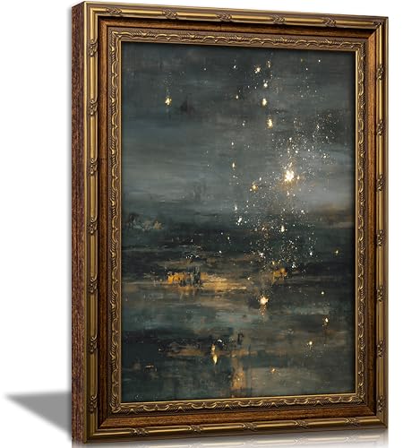 Vintage Gold Framed Gothic Wall Art, Moody Celestial Night Sky Landscape Oil Painting Canvas Prints, Dark Academia Wall Decor, Abstract Teal & Gold Starry Poster Artwork for Bedroom Living Room