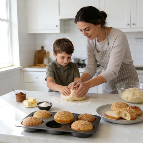 Elesinsoz 6 Cup Jumbo English Muffin Pan with Lid, Nonstick Straight Side Baking Pan, Hamburger Burger Bun Mold for Baking Egg Sandwich Frittata Cinnamon Roll Focaccia Quiche Pancake