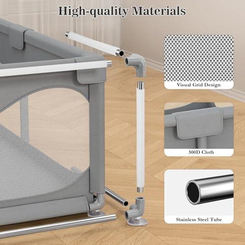 قفص لعب للاطفال من سكاي تاتش | ساحة لعب محمولة للاطفال | مركز نشاط قوي مضاد للسقوط | شبكة جيدة التهوية | 4 حلقات سحب | ملحقات تركيب | 180 × 150 سم، رمادي، للاستخدام الداخلي والخارجي