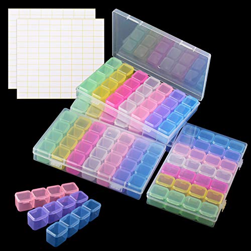 4 Boîte Broderie Diamant Painting Perles Boîte de Rangement + 2 Feuilles Gommettes Clair avec 28 Compartiments Coloré pour Stockage Bijoux Boucle d'oreille