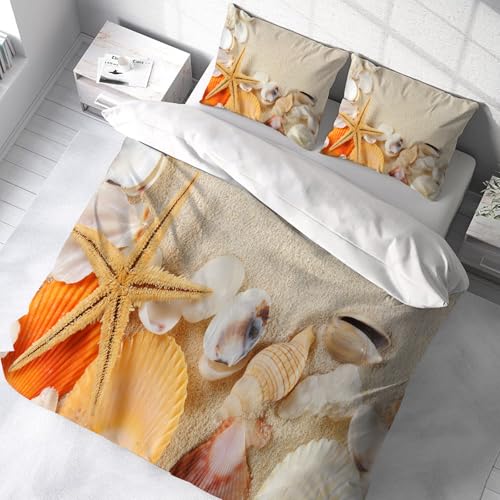 Linge de lit 200x228cm microfibre drap housse couette motif sable mer et coquillages