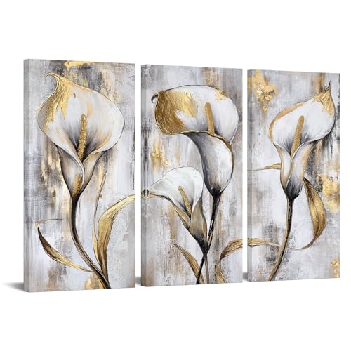 KREATIVE ARTS Grey and Gold Calla Lily Canvas Wall Art