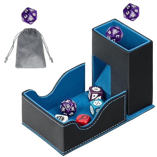 Dice Roller Tower, Magnetic Dice Tray for Rolling, Foldable Leather Dice Organizer Tower Fits for Dungeons & Dragons, MTG DM and Player, Black & Blue