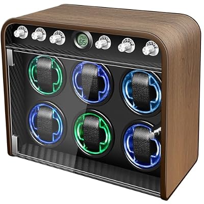 Watch Winder for Automatic Watches, Watch Winders Box 6 Slot for Rolex, Silent Motor, Four Adjustable Rotation Modes, Gradient Lighting, Includes Soft Watch Pillows,Men's Gift Set