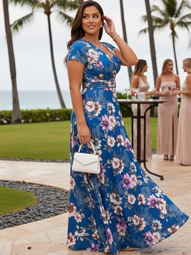 Image of KOH KOH Womens Long Cap Sleeve Floral Print V-Neck Summer Flowy Maxi Dress