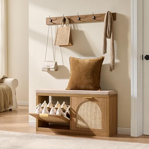 WINWY Rattan Narrow Entryway Bench with Shoe Storage, 2 Flip Drawers & Coat Rack, Mid-Century Modern Wood Shoe Cabinet with Seat Cushion for Foyer/Hallway (Rustic Oak Rattan)