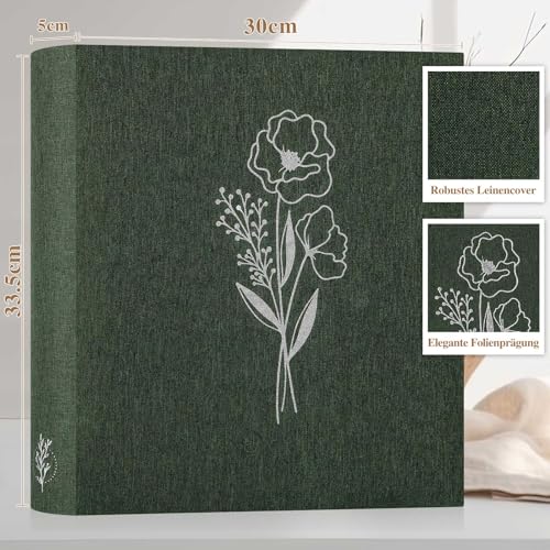 Lanpn Duży album fotograficzny do scrapbookingu, lniana okładka, bezkwasowa, album z 50 rękawami, 100 białych stron z szklanymi przegrodami (zielony, 30 x 33,5 cm)