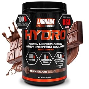 Labrada Hydro 100% Pure Hydrolyzed Whey Protein Isolate Powder, Lactose Free, 6g BCAA’s, 4.5g Glutamine, Fastest Digesting Whey Available, Instant Mixing, Delicious Taste 20 Servings(Chocolate)