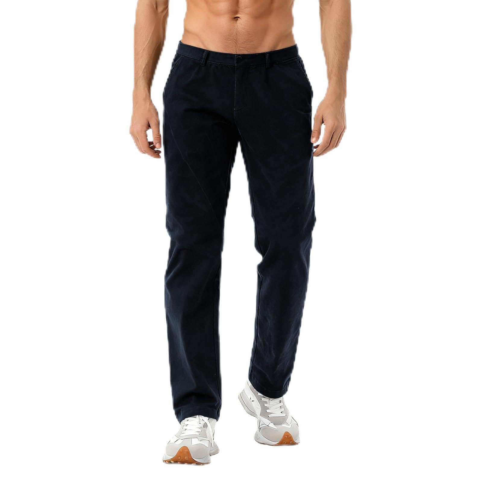 Mens Casual Pants with Thick Fabric Chino Slack Trousers with Pockets Straight Fit Business Stretch Pants