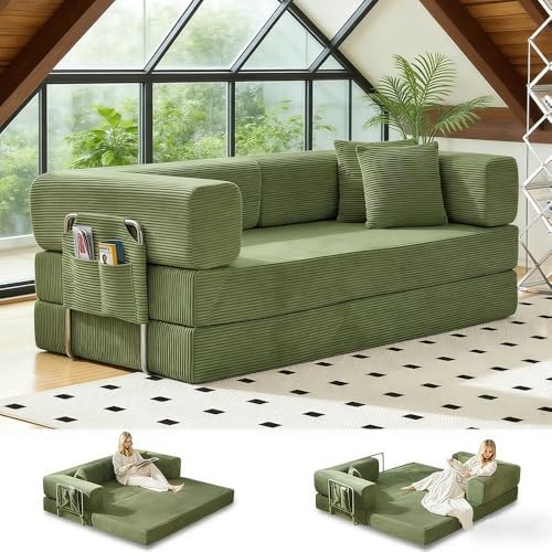 Corduroy Sectional Sofa Bed with Removable Armrests, Modular Desi...