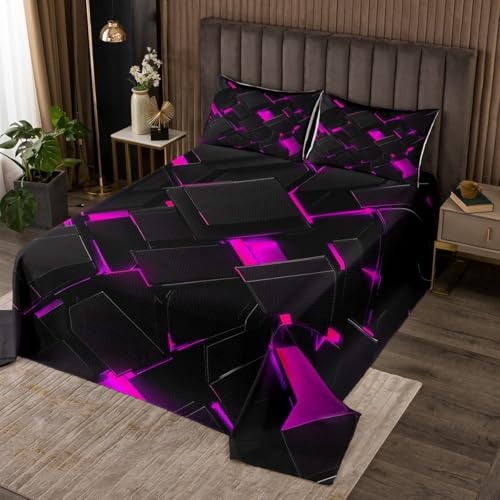 jejeloiu Purple Black Geometric Bedspread King Size Kids Stereoscopic Square Coverlet Set for Boys Girls Teens Neon Geometry Quilted Coverlet Breathable Modern Art Bedroom Decor