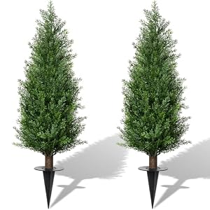 3FT Artificial Cedar Topiary Trees with Ground Spike, Set of 2 UV Resistant Fake Evergreen Bushes Shrubs Trees Artificial Plants Realistic Faux Cypress Plants for Indoor Outdoor Front Porch Garden