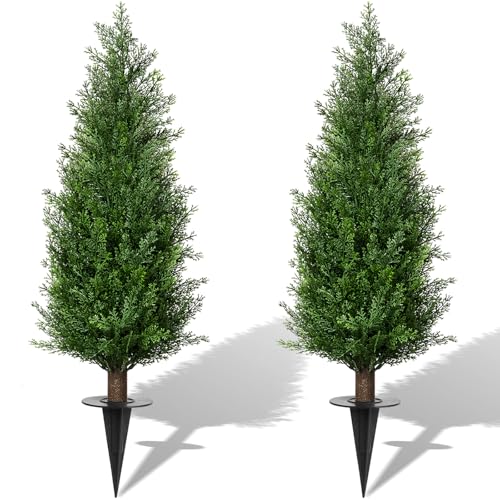 3FT Artificial Cedar Topiary Trees with Ground Spike, Set of 2 UV Resistant Fake Evergreen Bushes Shrubs Trees Artificial Plants Realistic Faux Cypress Plants for Indoor Outdoor Front Porch Garden