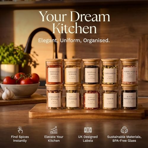 Image of TIENER 12 Pieces Bamboo Glass Jar Set 270 ml and Minimalist Waterproof Labels for Herb, Spices, Seasonings. Airtight Containers, Smell Proof, Food Grade Canisters for Kitchen Food Storage,