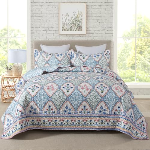 Travan 3-Piece Quilt Set Quilted Bedspread Reversible Quilted Bedding Set Garden Style Floral Printed Oversized Quilted Bedding Set with Shams for All Season, Exquisite, King Size by Travan - Used condition - US$52.24