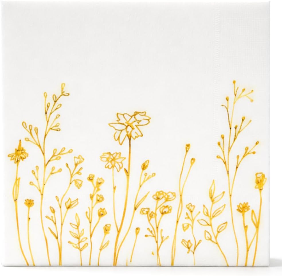 GardenCity Floral Napkins, Gold Flower Cocktail Napkins, Disposable Wildflower Paper Napkins, 3-Ply, 5x5” Folded (100 Pack)