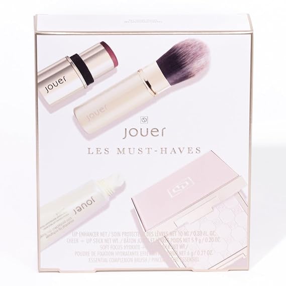 Jouer Les Must-Haves Starter Set | Translucent Setting Powder, Makeup Brush, Cream Blush & Lipstick Stick, and Lip Plumper Makeup Set | $115 Value