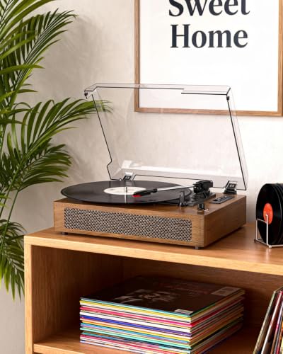 Image of Vinyl Record Player Extended Size with Bluetooth Playback, Built-in Speakers, USB Recording, LED Display, 3-Speed Turntable - Walnut