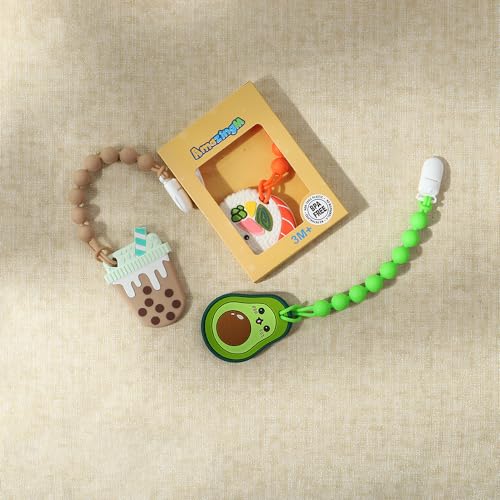 Image of Baby Food Grade Silicone Teether Toy with One Piece Design Pacifier Clip Holder,Teething Toys Gift Set for 3 Months+ Boys and Girls,Freezer Safe,BPA Free. (Bubble Tea)