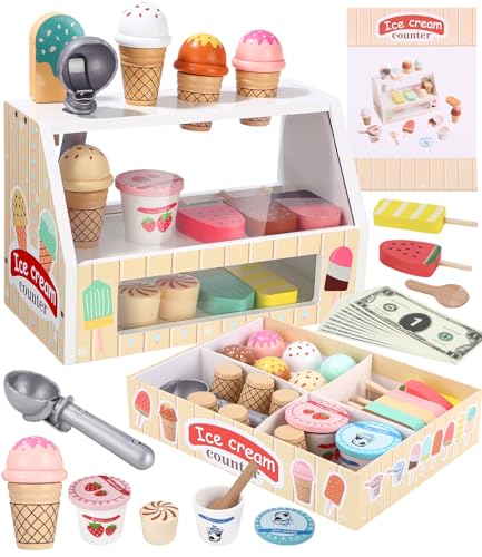 Toaren Jeuets de Crème Glacée pour Enfant,Glacier en Bois,Jouet à Crème Glacée en Bois Marchande Enfants,Glacier Jeu Accessoires de Cuisine avec Un...