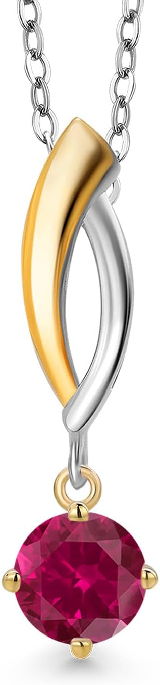 Gem Stone King 925 Silver and 10K Yellow Gold Red Created Ruby Pendant Necklace for Women | 0.60 Cttw | Gemstone July Birthstone | Round 5MM | With 18 Inch Silver Chain