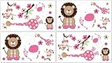 Sweet Jojo Designs Pink and Green Jungle Friends Peel and Stick Wall Decal Stickers Art Nursery Decor - Set of 4 Sheets