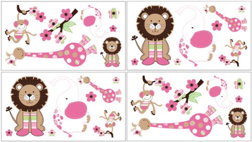 Sweet Jojo Designs Pink and Green Jungle Friends Peel and Stick Wall Decal Stickers Art Nursery Decor - Set of 4 Sheets