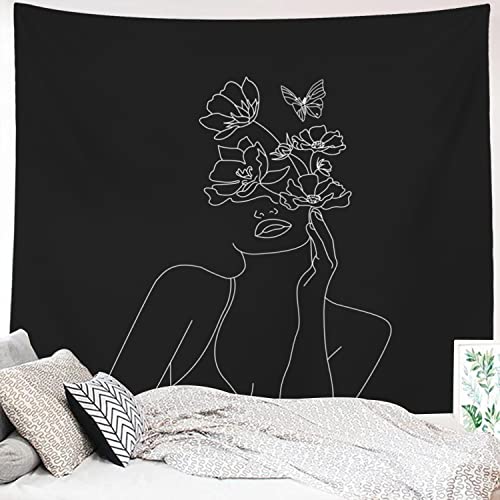Miytal Art Line Aesthetic Black Tapestry, Simple Women with Flower Butterfly Wall Hanging, Modern Minimalist Abstract Creative Sketch Wall Décor for Dorm Bedroom Office – 51.2" x 59.1” - Black