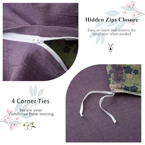 Image of VM VOUGEMARKET Violet Duvet Cover King Double Gauze Cotton Farmhouse Jacquard Green Floral Duvet Cover with 2 Bowknot Pillowcases Rustic Style, Breathable for a Cozy Home Atmosphere